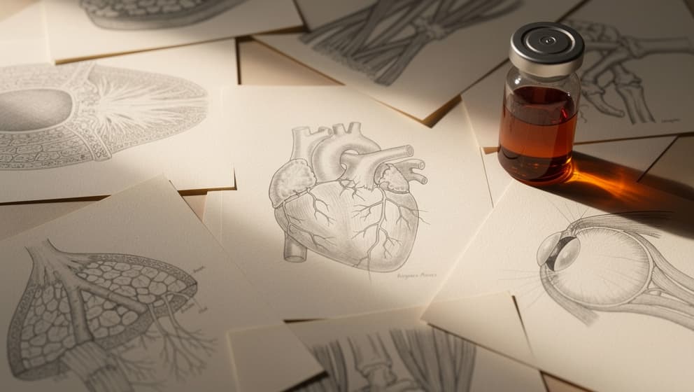 Redaksjonell stilleben av spredte tidsskrift-sider med anatomiske hjerte-, skjelettmuskel- og hornhinne-linjetegninger og et enkelt amber hetteglass