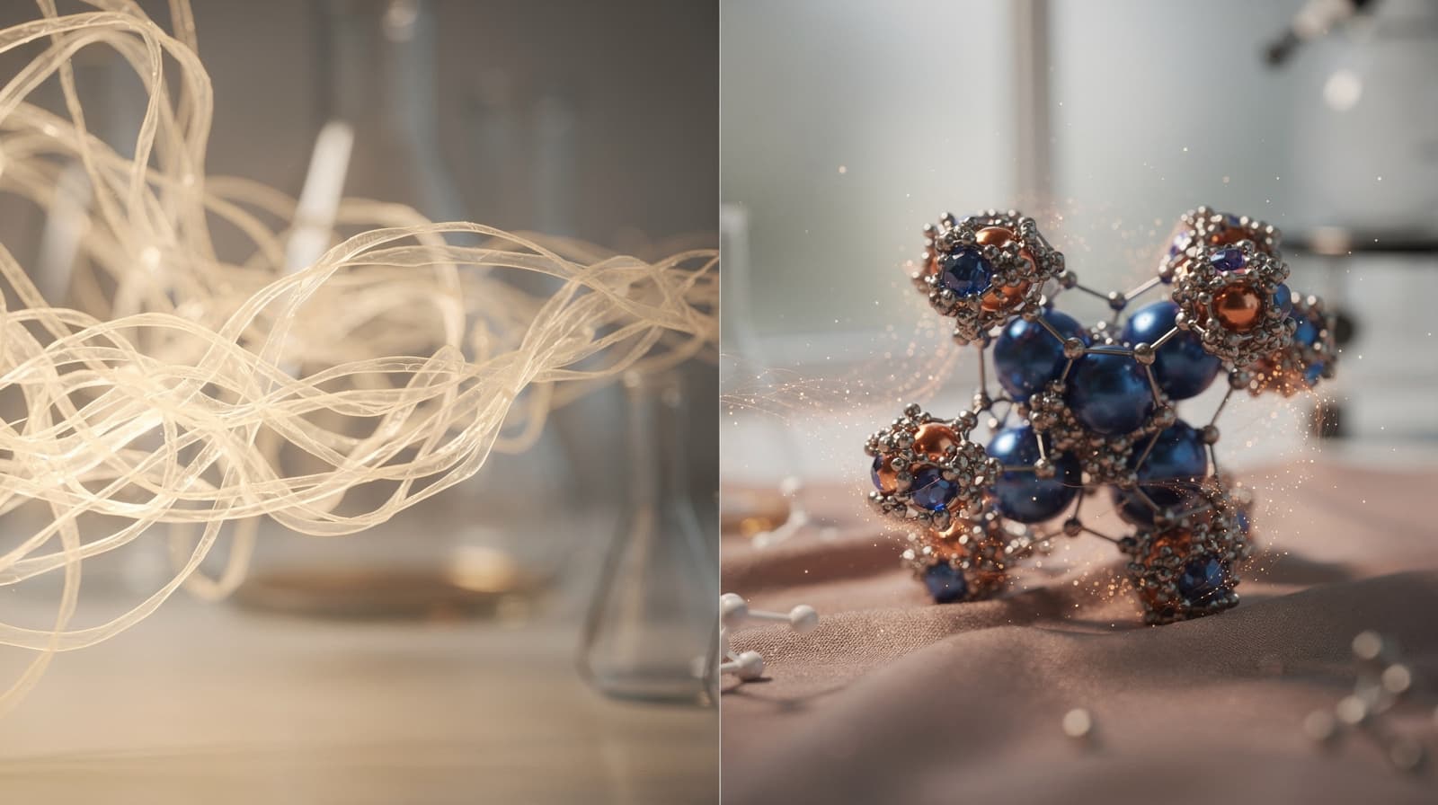 Split-frame editorial illustration contrasting TB-500 actin filaments with GHK-Cu copper-bound tripeptide molecular structures on a clinical backdrop.
