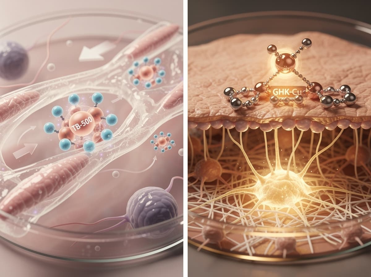 Side-by-side mechanism diagram showing TB-500 sequestering G-actin and promoting endothelial migration versus GHK-Cu binding copper and activating fibroblast collagen synthesis.