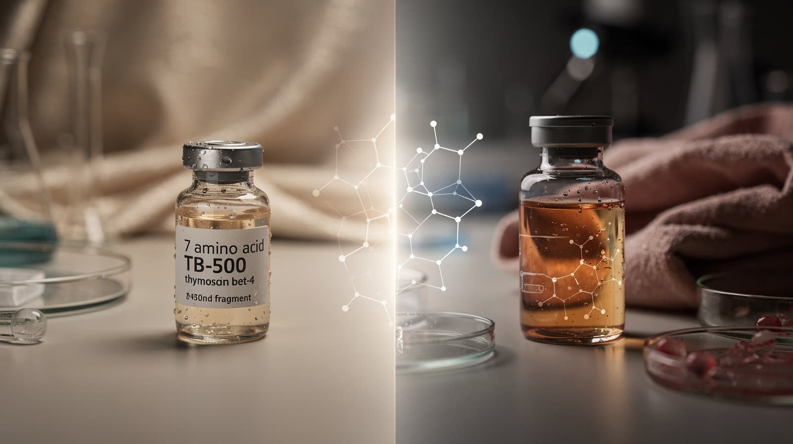 Split laboratory illustration comparing the 7-amino acid TB-500 fragment with the full 43-amino acid thymosin beta-4 parent peptide.