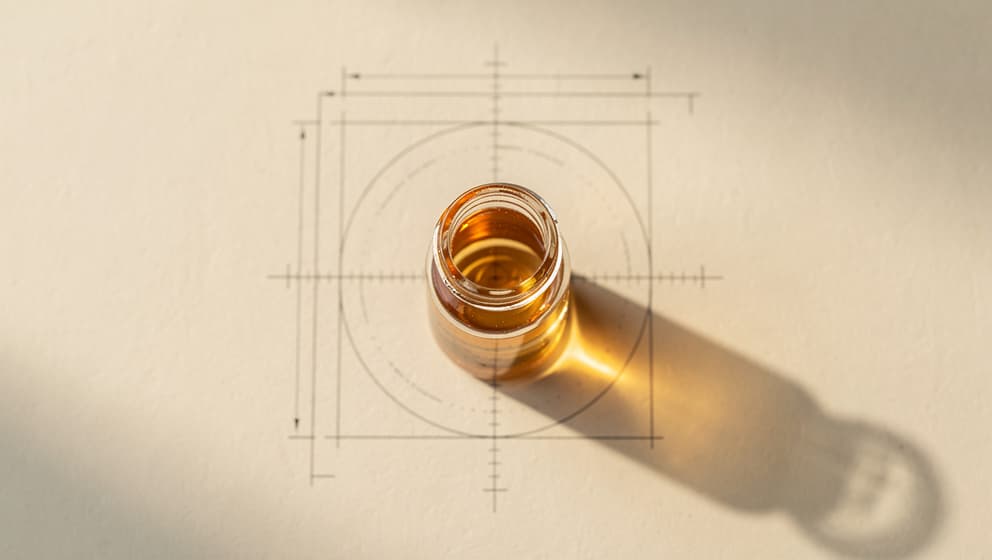 Ovenfra-stilleben av et lukket laboratorieglass med blek amber væske på en arkitektonisk kalibreringsblåkopi med umerkede hakk