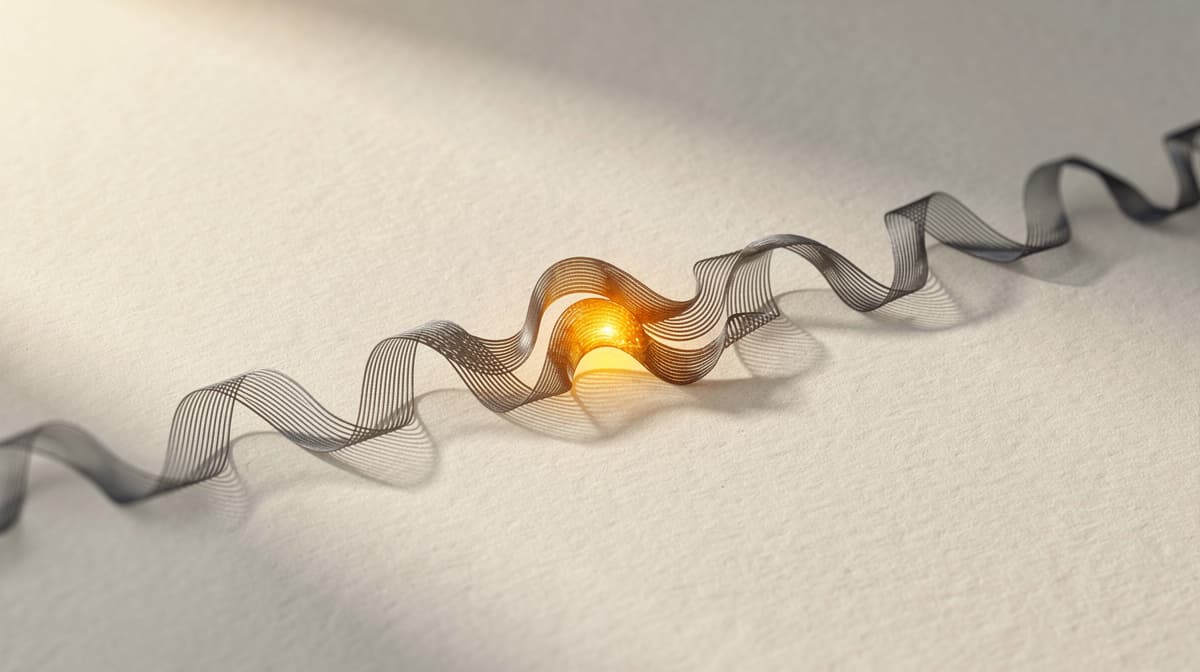 Abstract illustration of an elongated GHRH-analog peptide ribbon with a warm amber active-site accent on off-white paper, editorial line-art