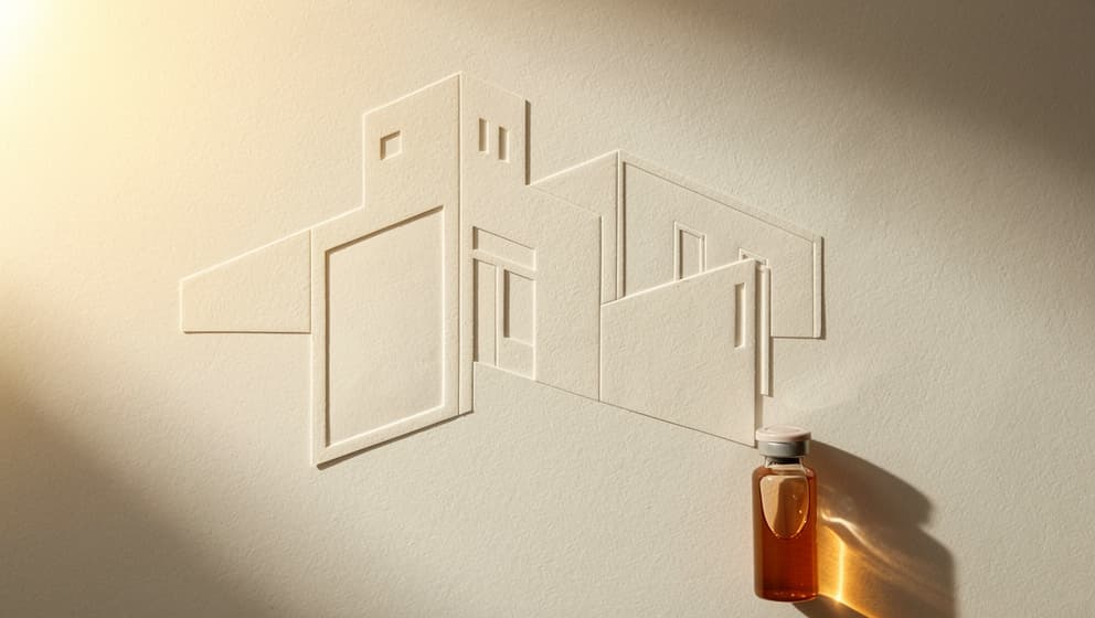 Editorial still-life of a stamped approval document silhouette and a single amber vial on warm off-white paper, institutional aesthetic