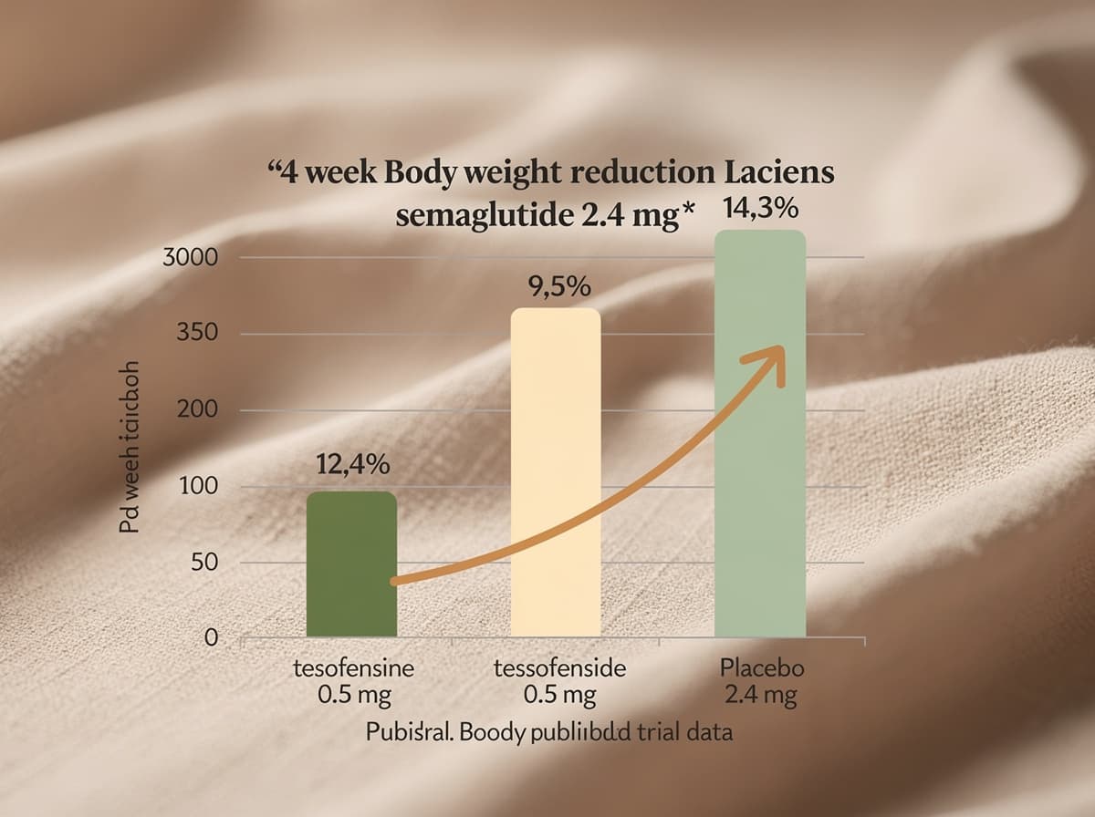 Bar chart comparing 24-week body weight reduction for tesofensine 0.5 mg, semaglutide 2.4 mg, and placebo based on published trial data.