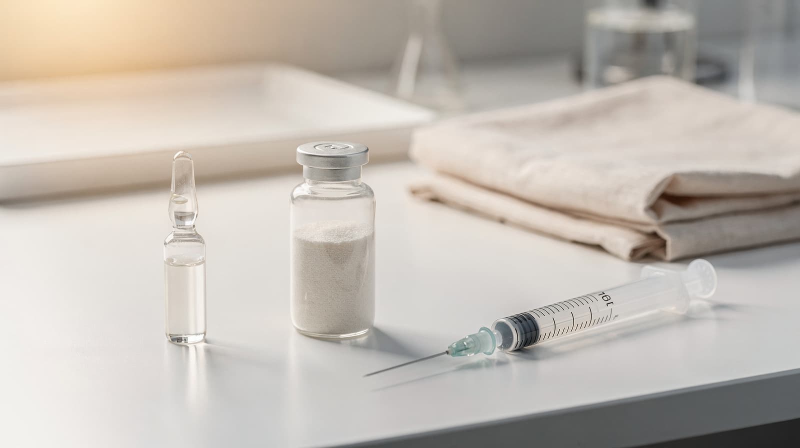 Laboratory vial of lyophilized thymosin alpha-1 next to a syringe and reconstitution diluent on a clean white research bench.