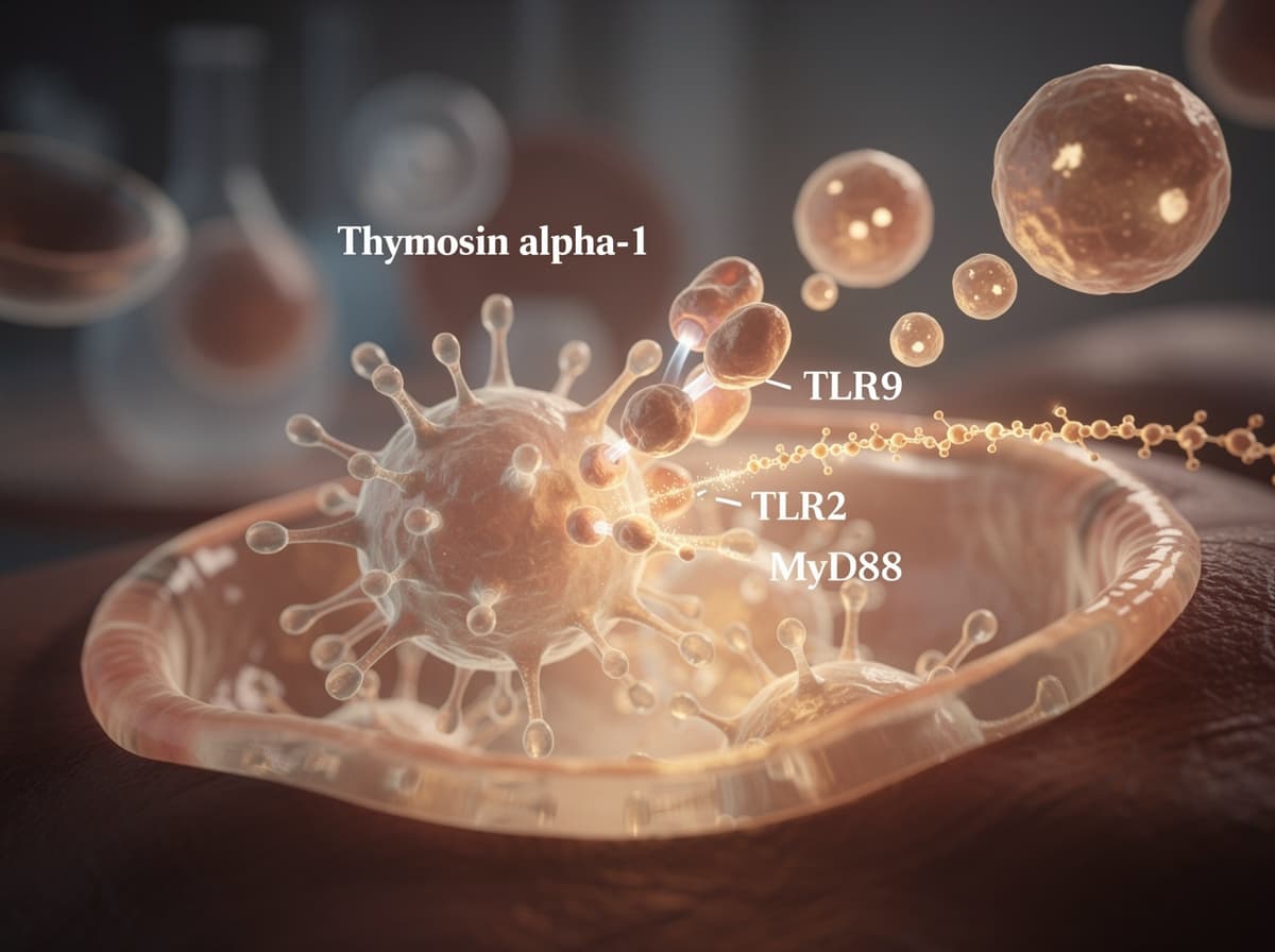 Diagram som viser thymosin alfa-1 binde TLR2 og TLR9 på dendrittiske celler, med aktivering av MyD88-signalering og nedstrøms T-cellemodning.