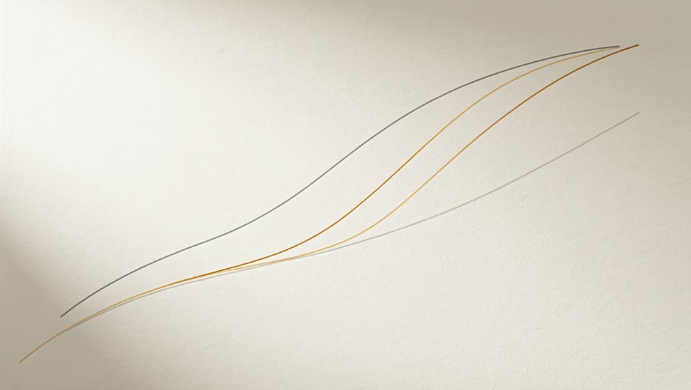 Architectural line-art chart of two parallel descending curves on off-white paper, one charcoal and one warm amber showing greater descent