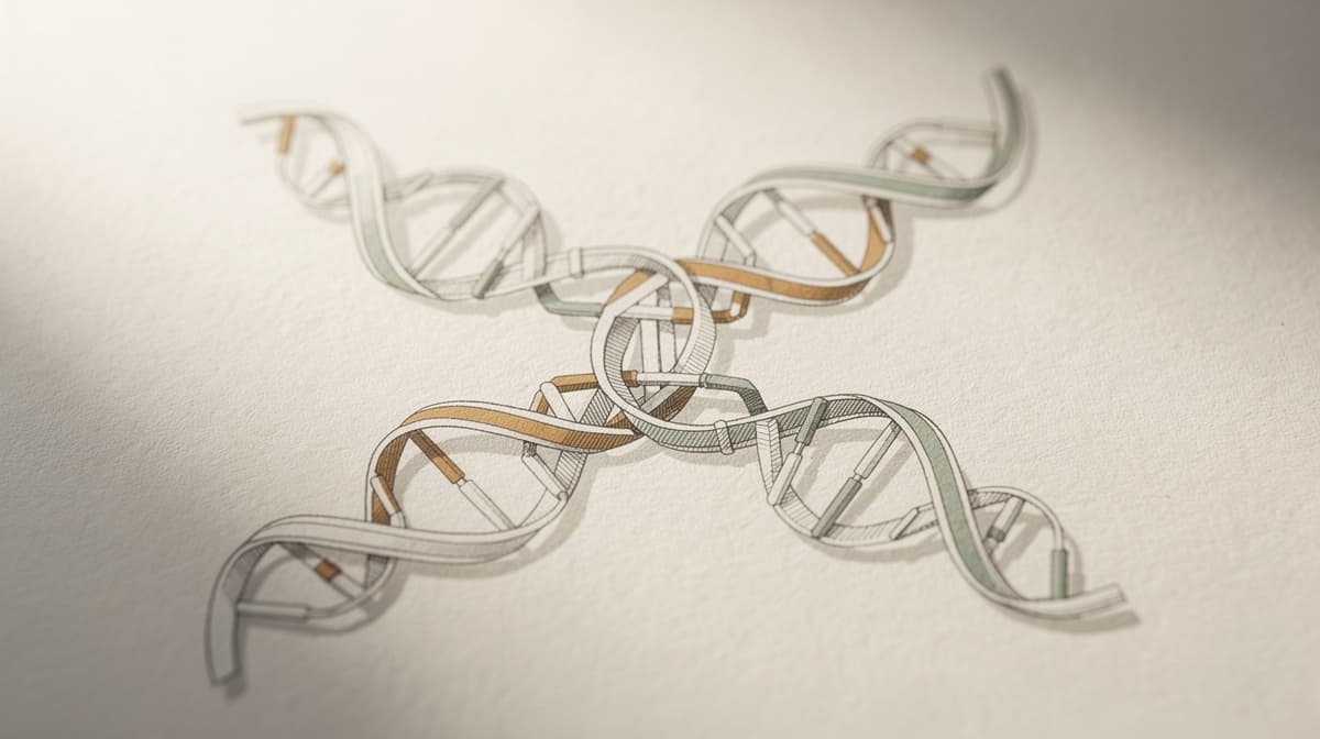 Abstrakt illustrasjon av to peptidbånd sammenflettet i en dobbelt-agonist-komposisjon på gråhvit papir, amber og sage-aksenter