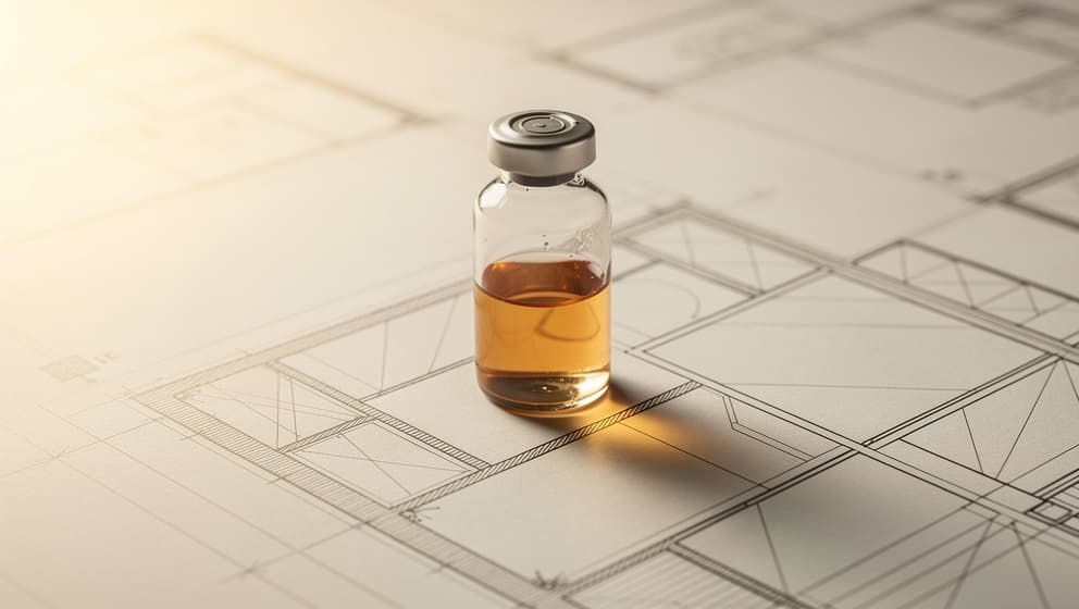 Top-down still-life of a single closed laboratory vial with pale amber liquid on architectural reference blueprint paper, minimal clinical aesthetic