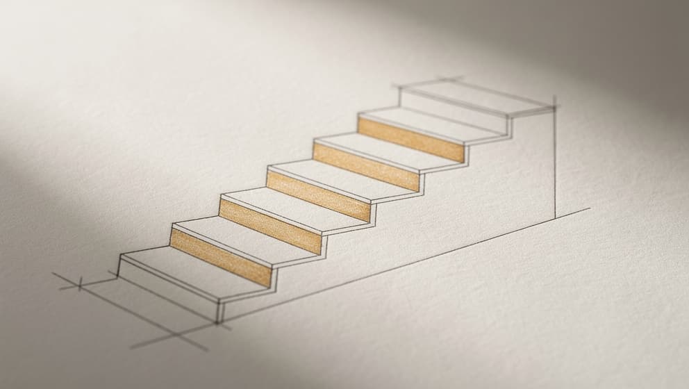 Arkitektonisk diagram av seks-trinns stigende titreringstrapp med amber-aksenter på annethvert trinn, redaksjonell tegnestil