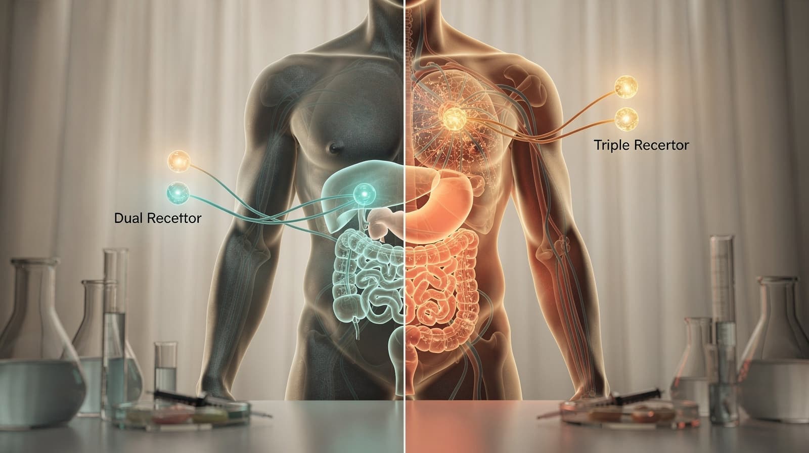 Skjematisk sammenligning av tirzepatid som dual-agonist og retatrutid som trippelagonist i metabolske signalveier