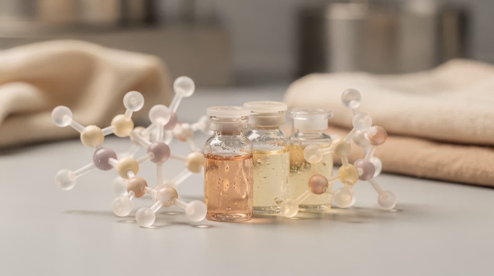 Laboratory vials and a molecular model representing therapeutic peptides used in research and clinical settings