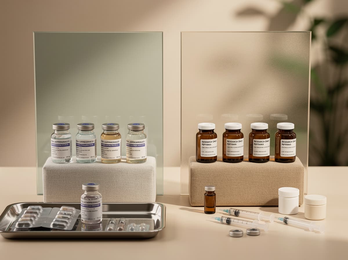 Comparison chart showing the distinction between FDA-approved peptide drugs and research-only peptides in current use