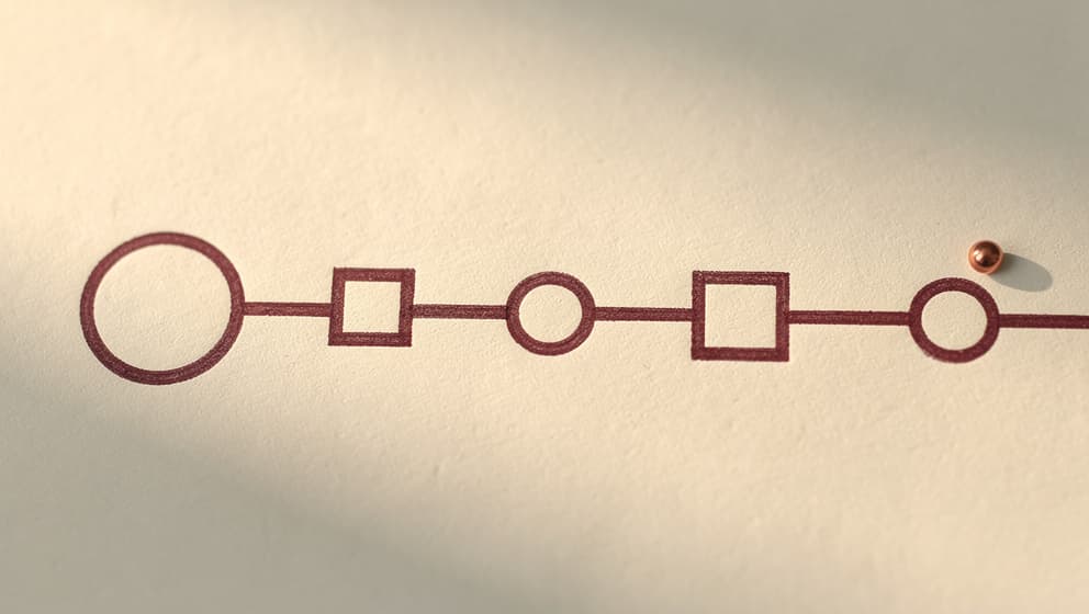 Architectural timeline of peptide therapy milestones from 1921 insulin discovery to 2026 reclassification, copper accent dots, oxblood line