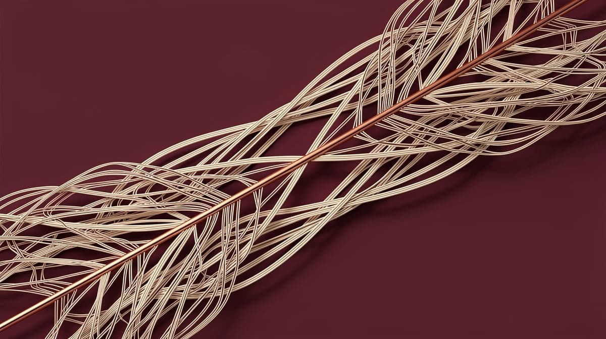 Abstrakt linjekunst av senekollagenfibre flettet med aktinfilamenter, kremfargede linjer på oksblodbakgrunn med én kobberaksent
