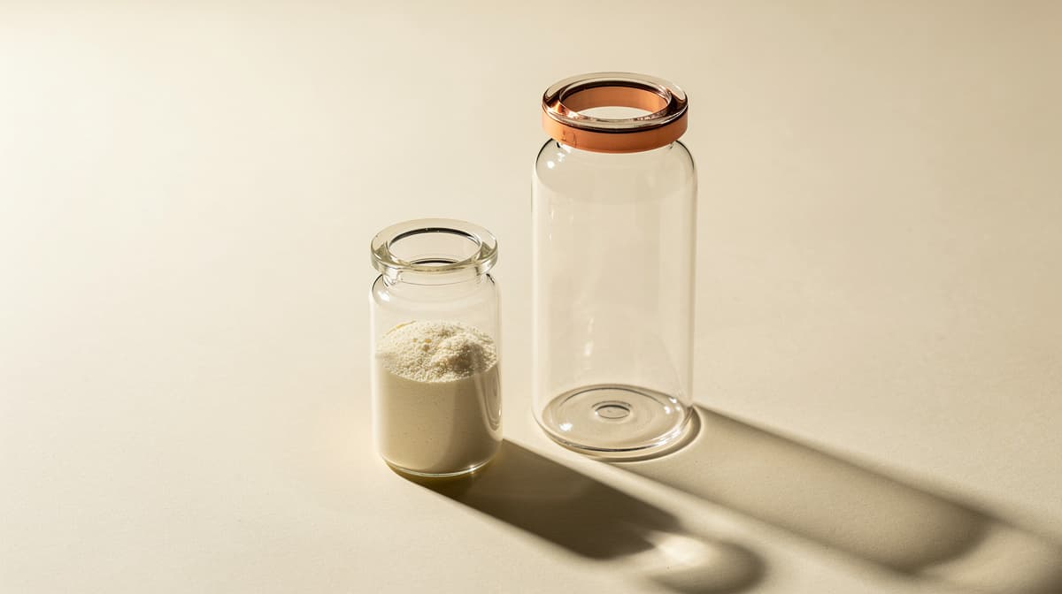 Two abstract glass vials of differing heights on a cream backdrop with long parallel shadows and a single copper ring of light on the taller vial